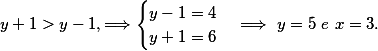 y+1>y-1, \Longrightarrow\begin{cases}y-1=4 \\ y+1=6\end{cases}\Longrightarrow \ y=5 \ e \ x=3.
